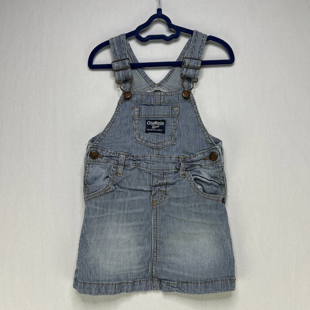 OSH KOSH B'Gosh Blue Striped Vestbak Bib Overalls Denim Dress Girls Sz 24 Months